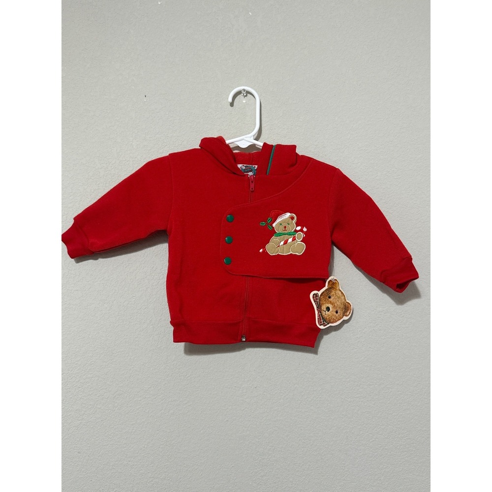 Santa's Club Hoodie Baby 6/9 Months Red Vintage NWT Christmas Bear Applique Zip